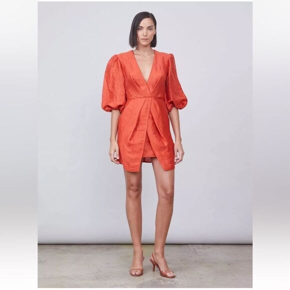 Allen Schwartz Dresses & Skirts - Allen Schwartz Georgina Linen Puff Sleeve Day Dress Terracotta Orange Sz 6